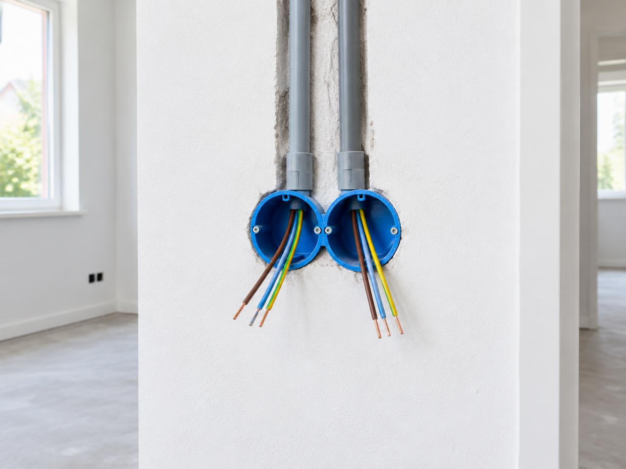 Inbouwdozen met blauwe, bruine en geelgroene elektriciteitsdraden bij een woningrenovatie
